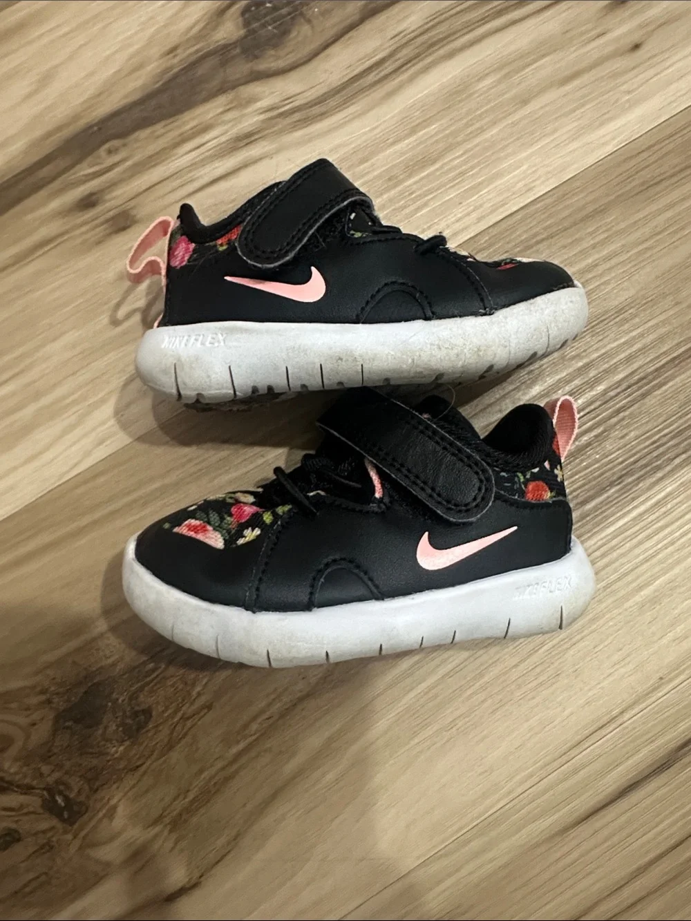 Nike Kids Black Sneakers with Pink & Multicolor Floral Accents